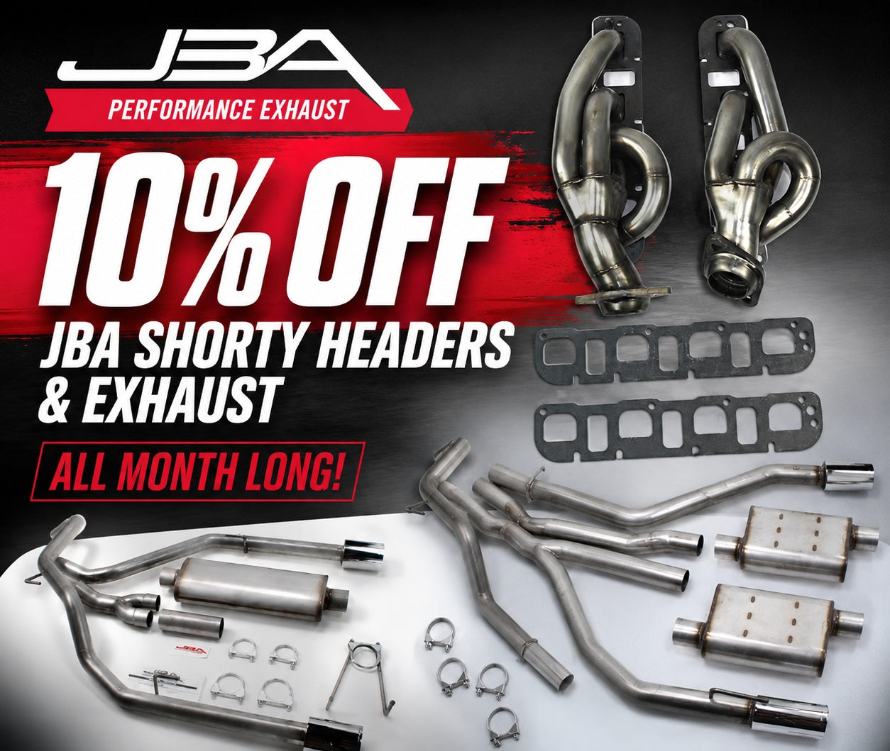 JBA Performance sale banner – 10% off shorty headers and exhaust systems