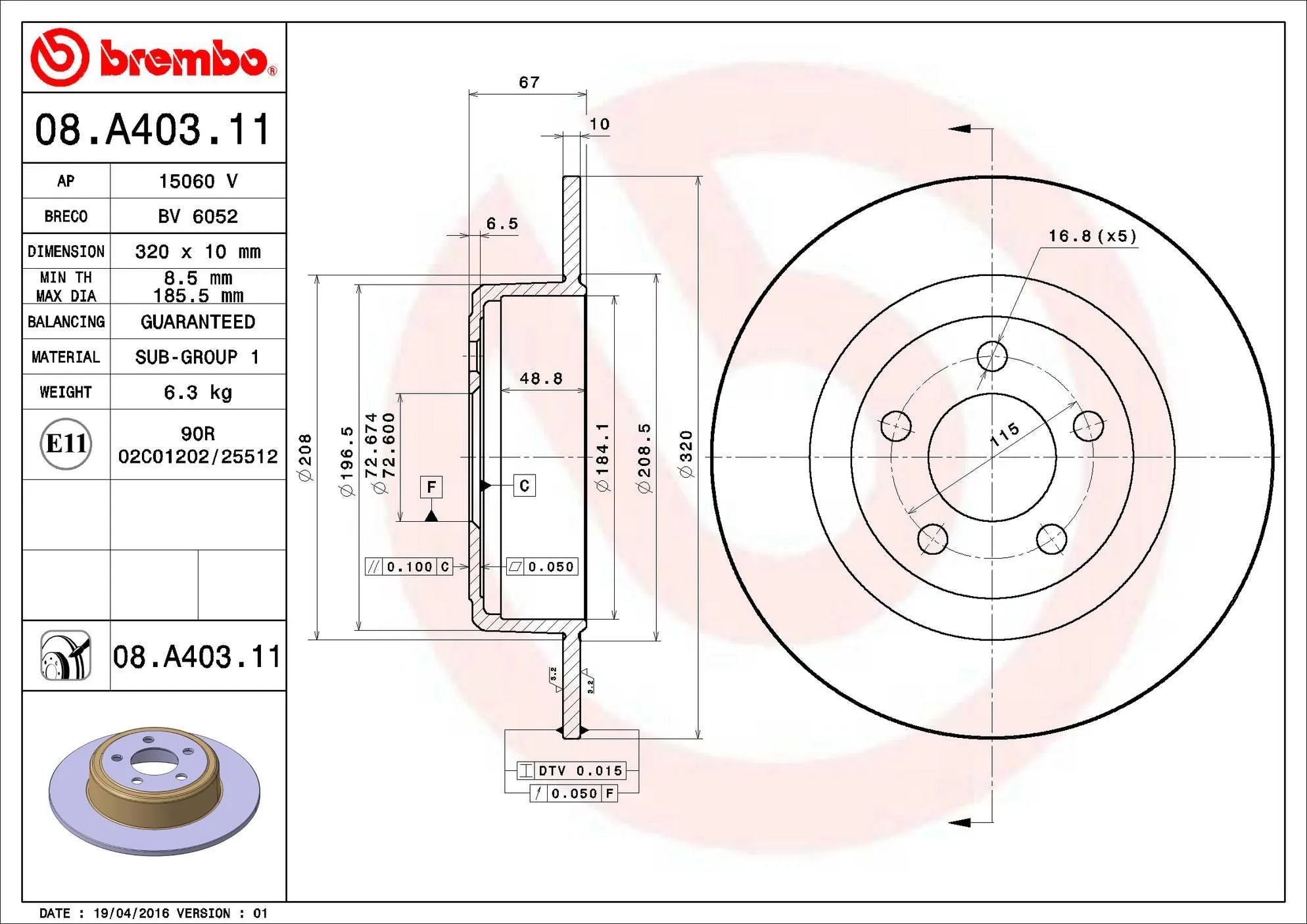 Brembo 06-2023 Dodge Charger / Challenger / 300 SRT Rear Non Vented Premium UV Coated OE Equivalent Rotor