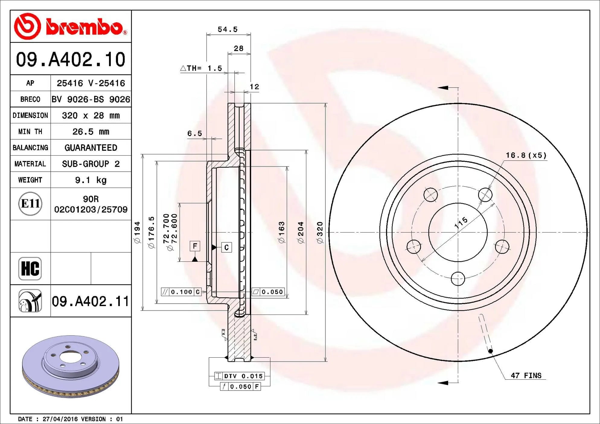 Brembo 09-23 Dodge Challenger / Charger Front Premium UV Coated OE Equivalent Rotor 320MM