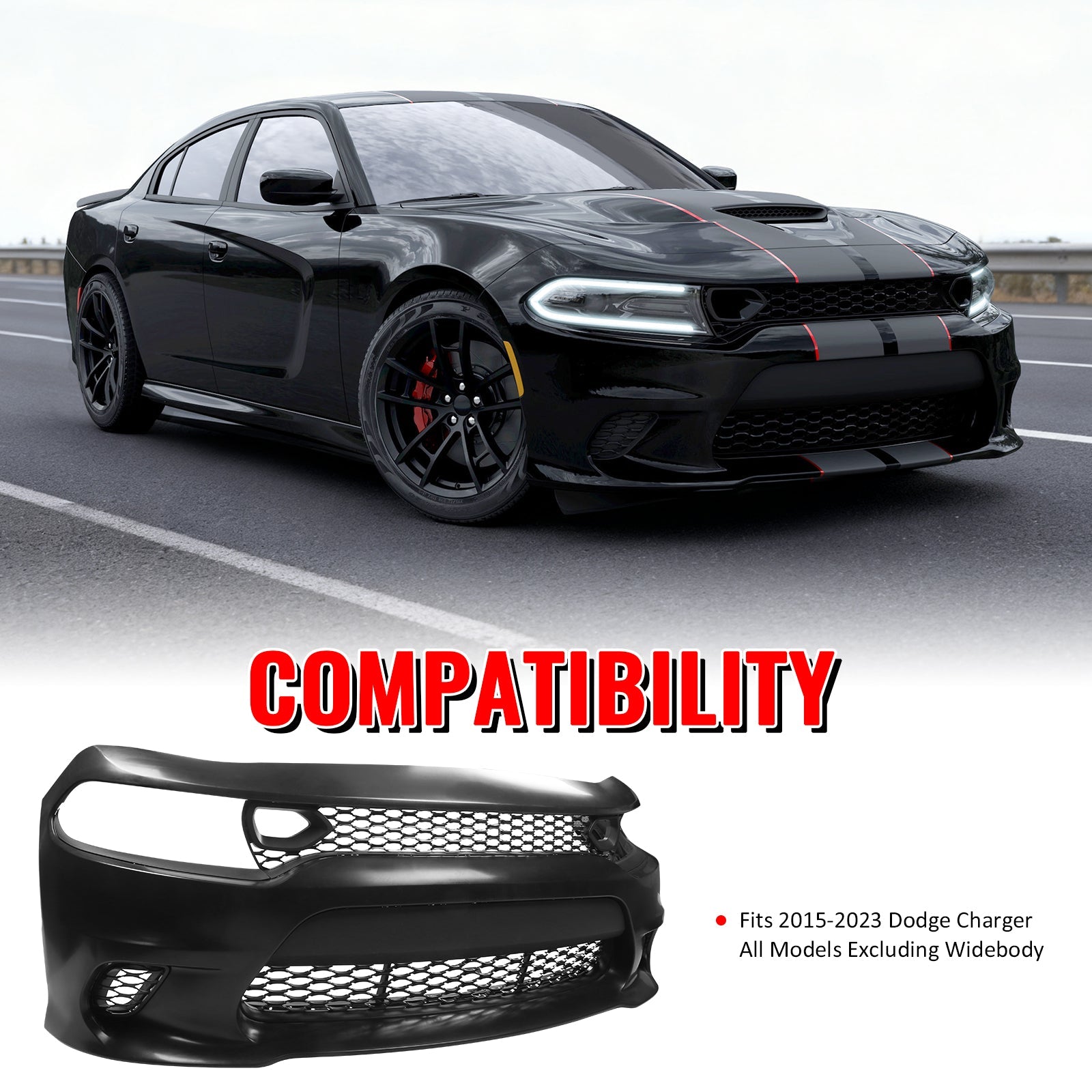 Ikon Motorsports 2015-2023 Dodge Charger SRT Front Bumper W/Foglight Grille & Insert PP