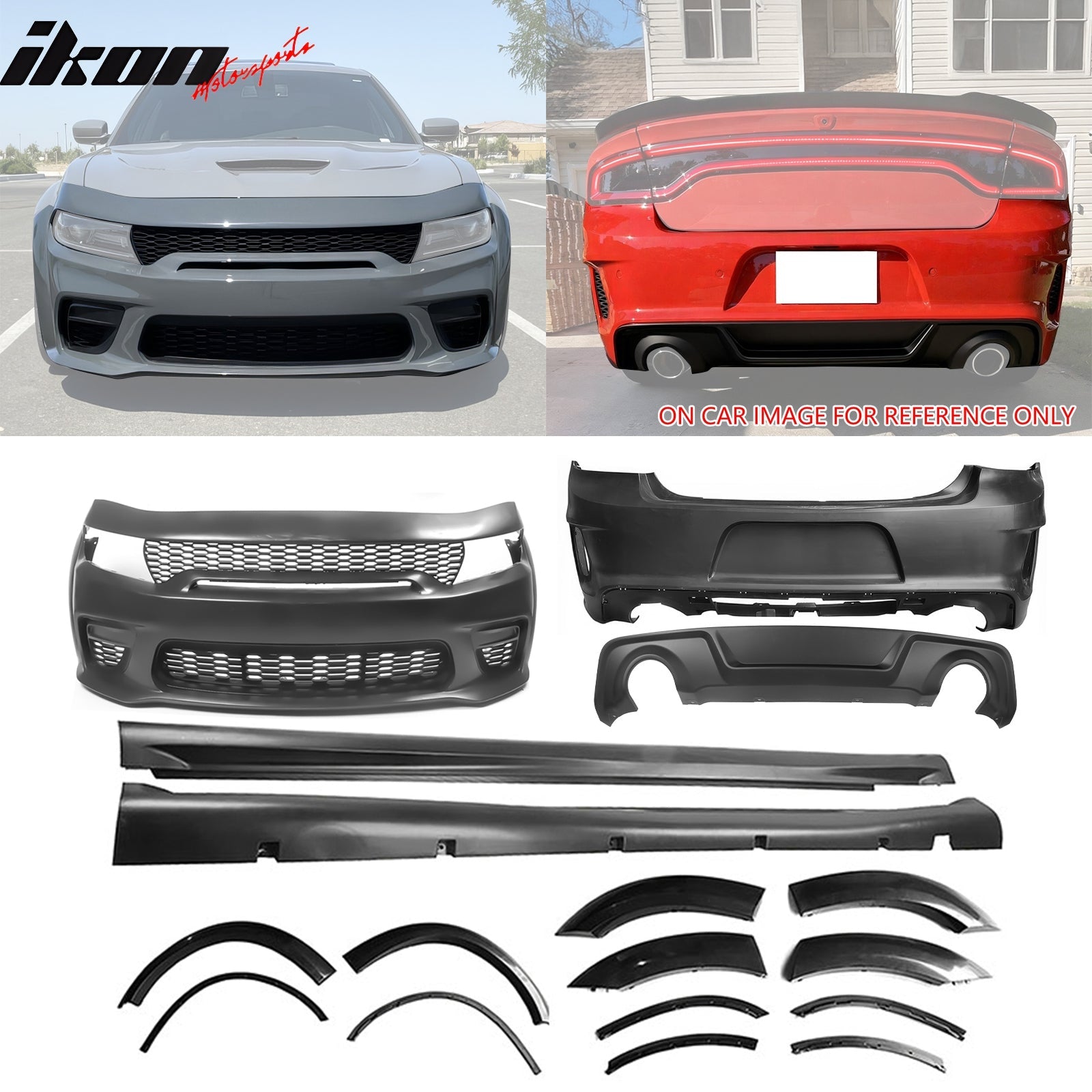 Ikon Motorsports 15-23 Dodge Charger Wide Body Front & Rear Bumper Cover w/ Fender Flare/Diffuser