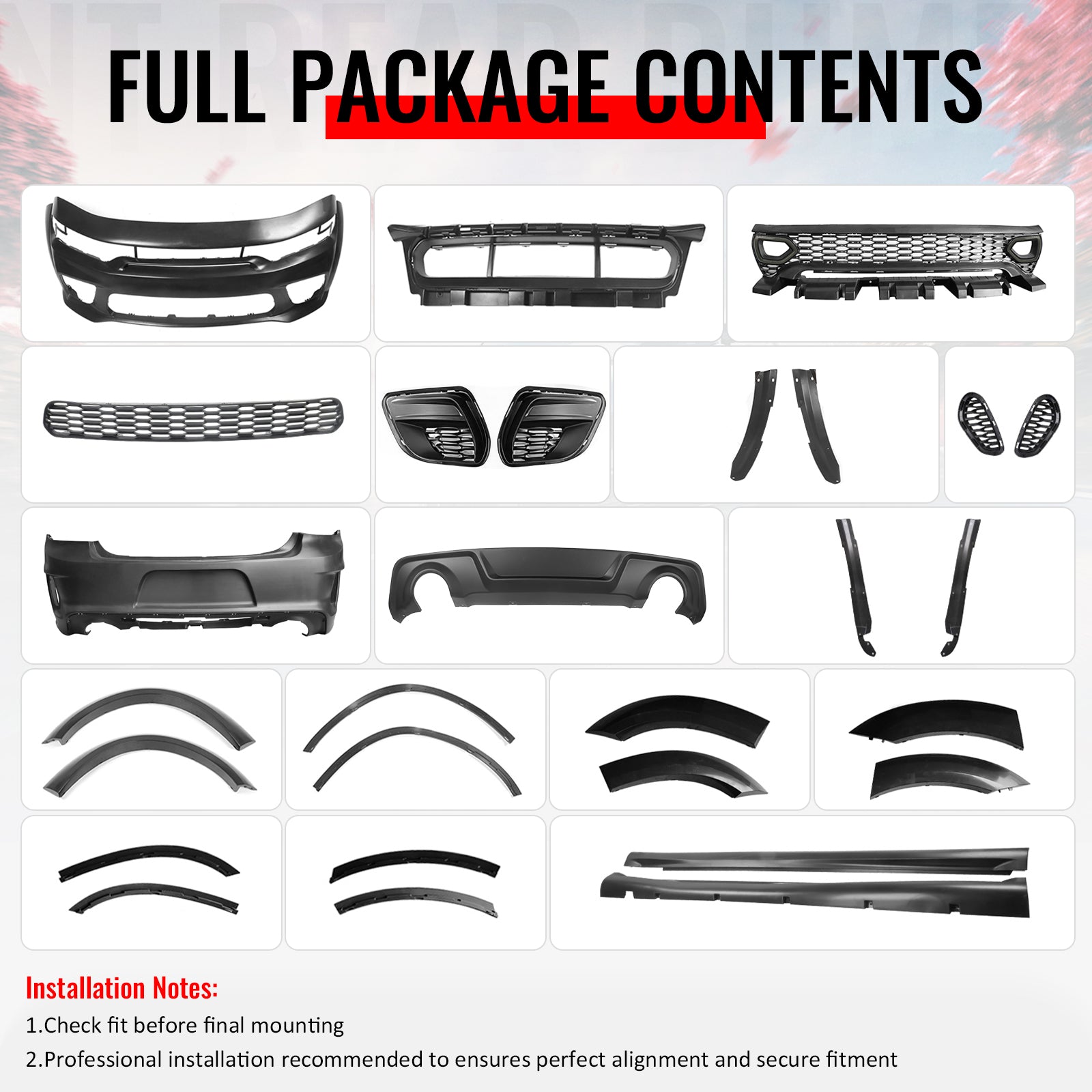 Ikon Motorsports 15-23 Dodge Charger Wide Body Front & Rear Bumper Cover w/ Fender Flare/Diffuser