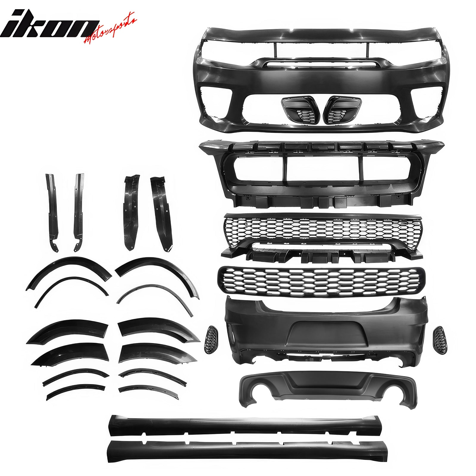 Ikon Motorsports 15-23 Dodge Charger Wide Body Front & Rear Bumper Cover w/ Fender Flare/Diffuser