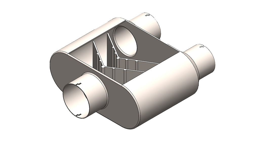 3" Inlet/2.5" Outlets "Race Series" Muffler | (Center Inlet, Dual Offset Outlets)