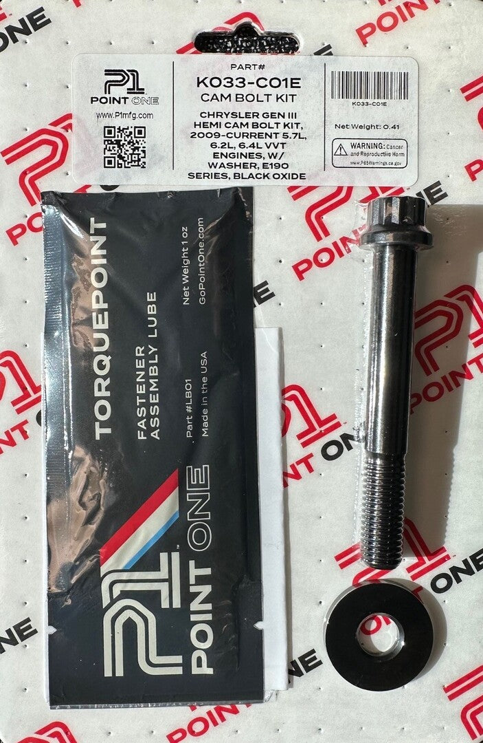 P1 CHRYSLER GEN III HEMI CAM BOLT KIT, 2009-CURRENT 5.7L, 6.2L, 6.4L VVT ENGINES, W/ WASHER, E190 SERIES, BLACK OXIDE FINIS