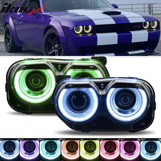 Ikon Motorsports 2015-2023 Dodge Challenger RGB DRL LED Headlights Lamps with 10 Colors