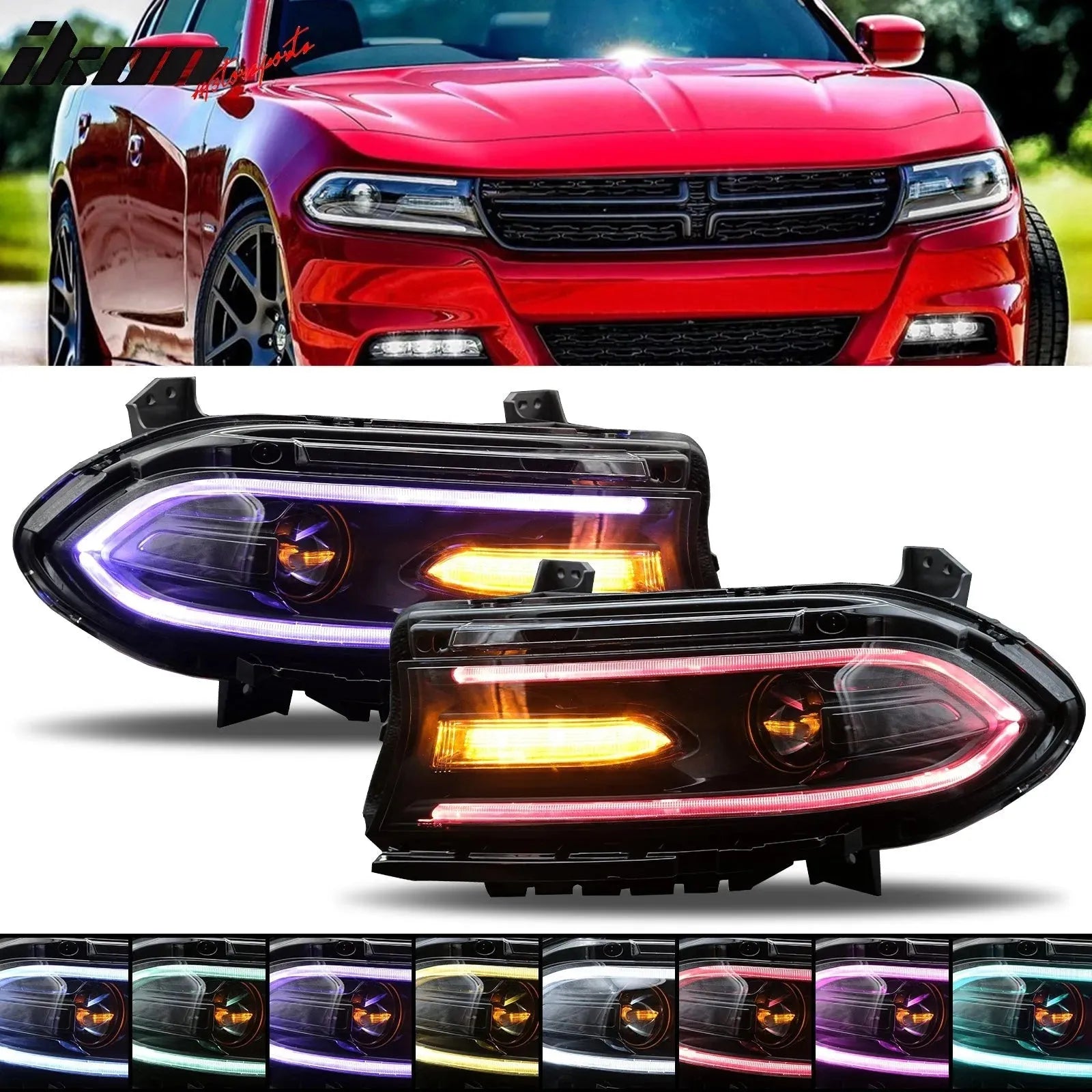 Ikon Motorsports 2015-2023 Dodge Charger DRL LED Headlights Left Right Side w/ 7 Colors