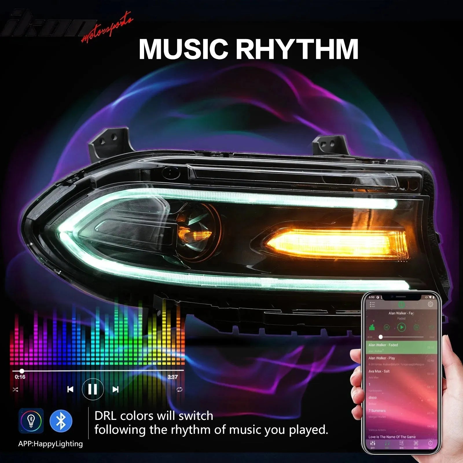 Ikon Motorsports 2015-2023 Dodge Charger DRL LED Headlights Left Right Side w/ 7 Colors