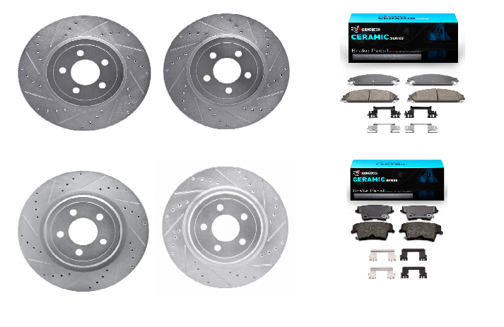 R1 2006-2023 Dodge Charger / Challenger / 300 Front & Rear Drilled & Slotted Rotors with Ceramic Pads (2 Piston Front)
