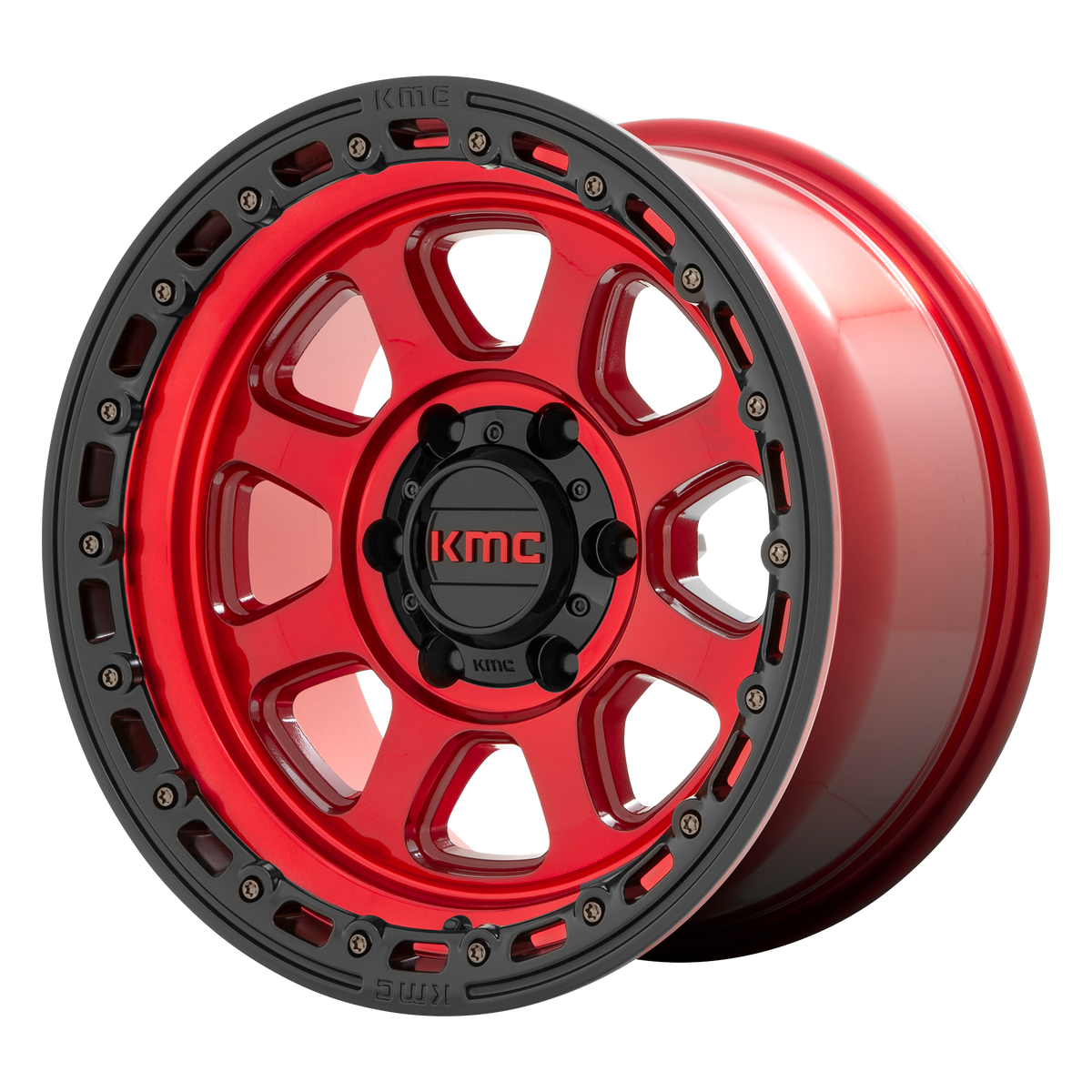KMC CHASE Candy Red W/ Black Lip 6x139.7 Wheels - product view 4