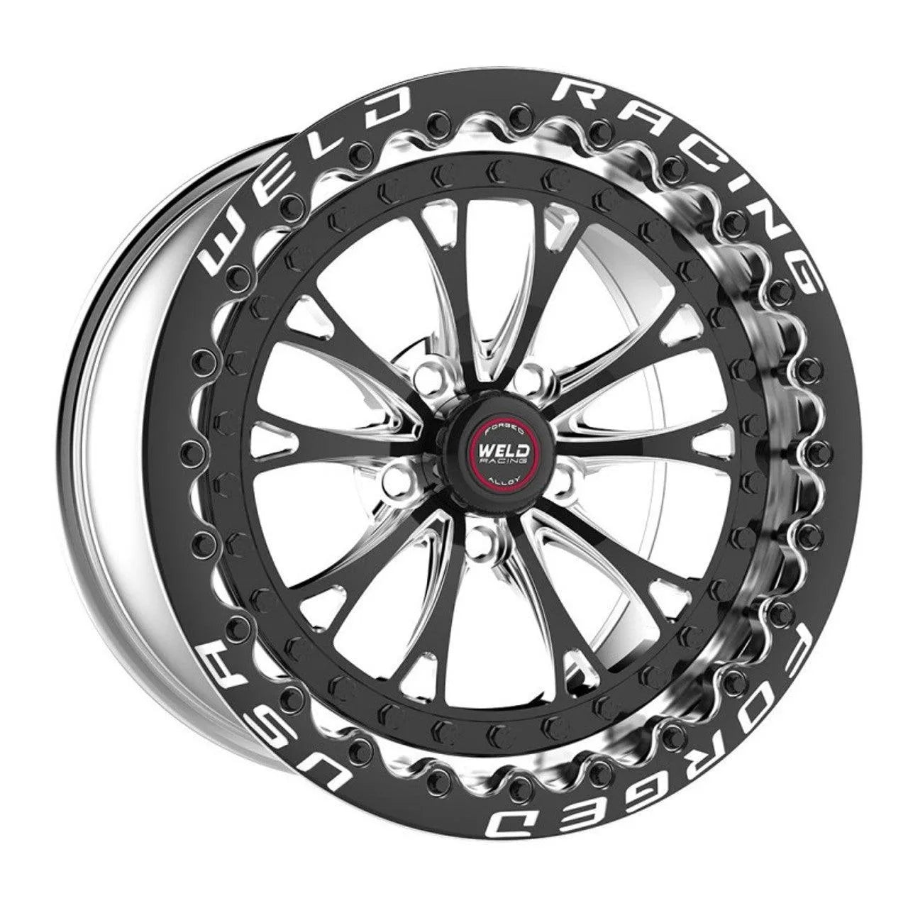 WELD VITESSE BEADLOCK DRAG WHEEL BLACK CENTER/POLISHED SHELL BLACK LIP (2015-2023 MUSTANG / 2024 MUSTANG NON PP & DARKHORSE)