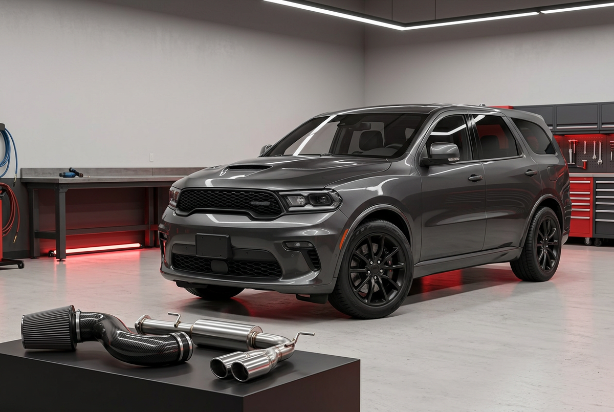 Illustration of a graphite performance SUV in a workshop with an intake and exhaust components displayed beside it.