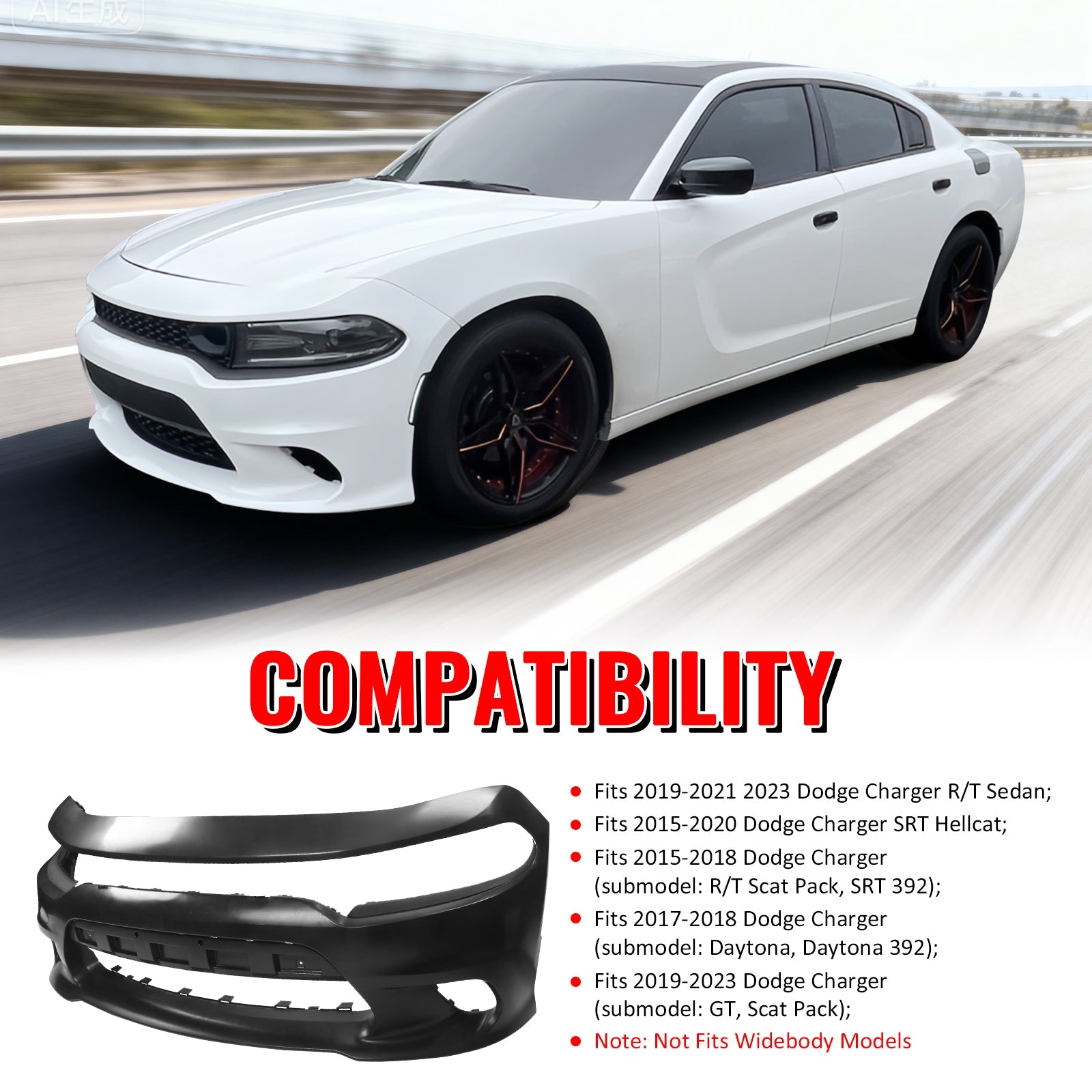 Ikon Motorsports 2015-2023 Dodge Charger SRT Hellcat Style Car Front Bumper Cover PP