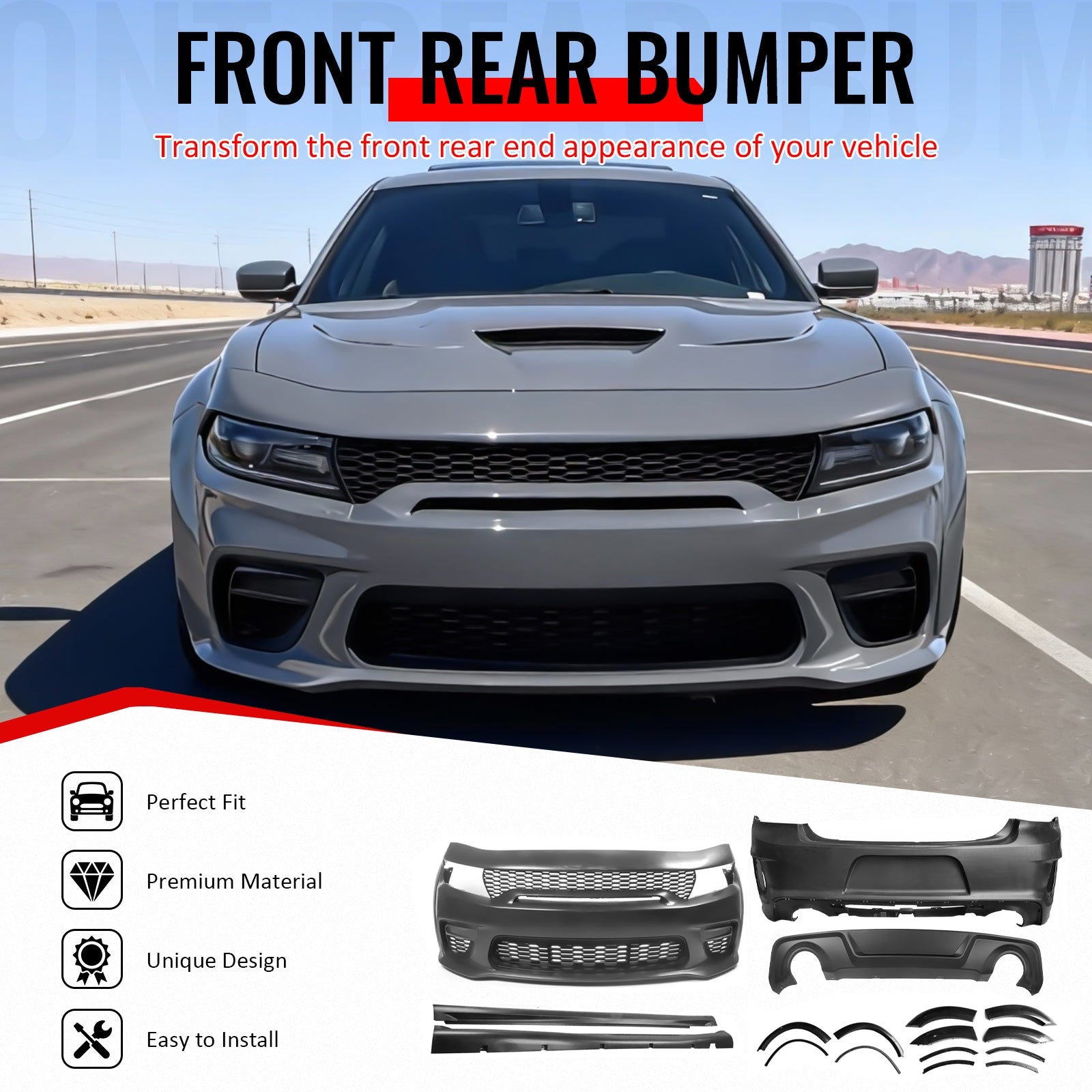 Ikon Motorsports 15-23 Dodge Charger Wide Body Front & Rear Bumper Cover w/ Fender Flare/Diffuser