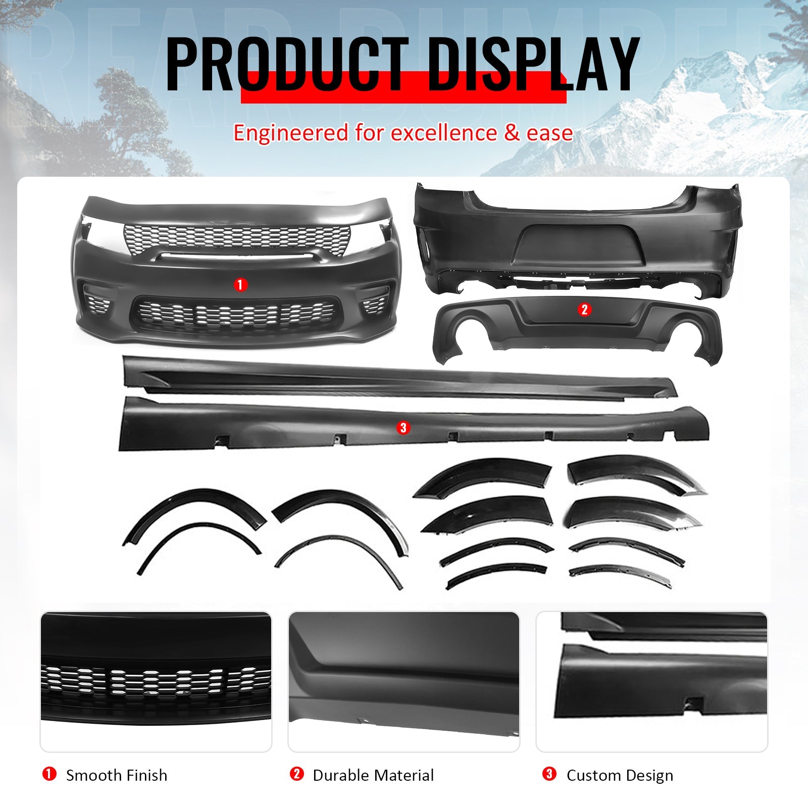 Ikon Motorsports 15-23 Dodge Charger Wide Body Front & Rear Bumper Cover w/ Fender Flare/Diffuser