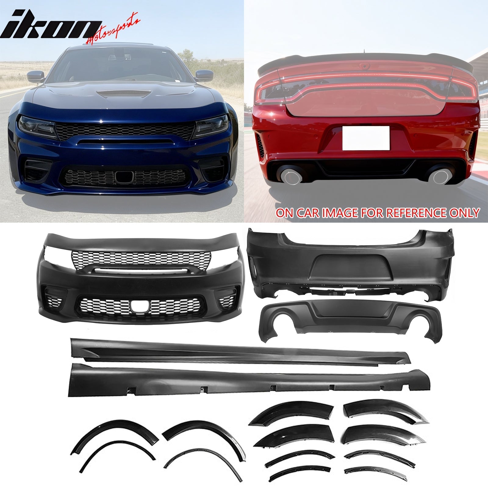 Ikon Motorsports 15-23 Dodge Charger Wide Body Front + Rear Bumper Cover + Fender Flare +Diffuser