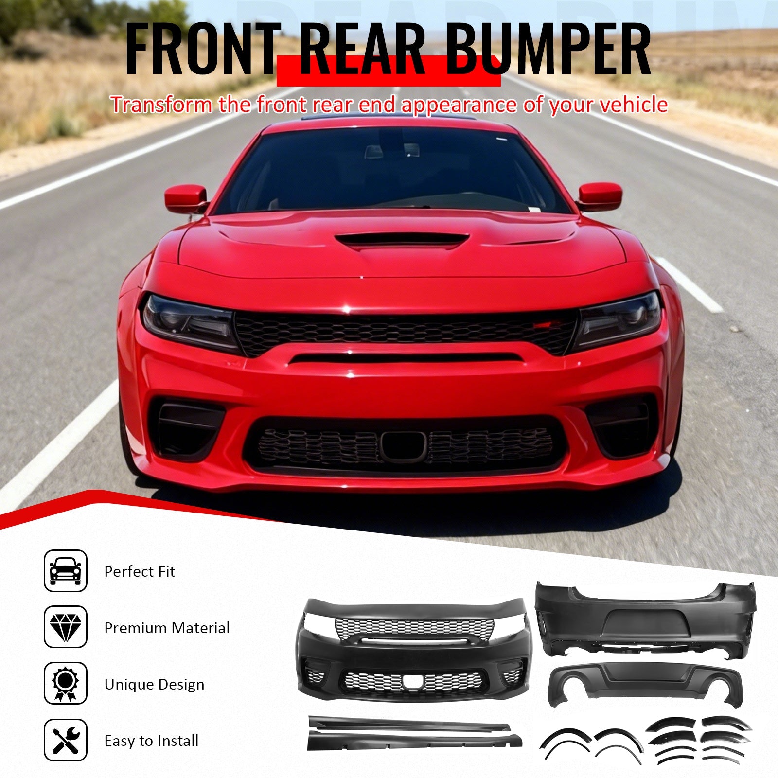 Ikon Motorsports 15-23 Dodge Charger Wide Body Front + Rear Bumper Cover + Fender Flare +Diffuser