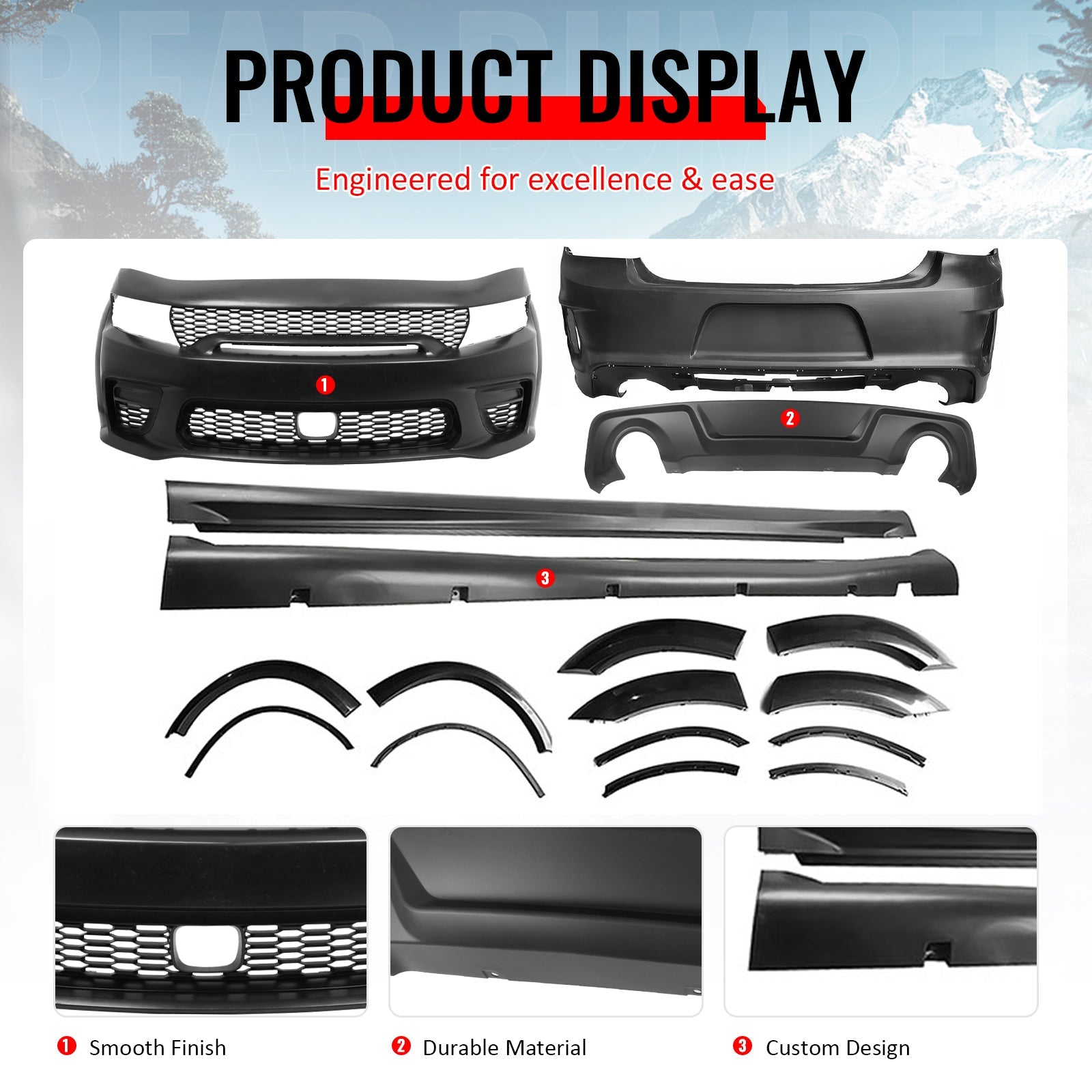 Ikon Motorsports 15-23 Dodge Charger Wide Body Front + Rear Bumper Cover + Fender Flare +Diffuser