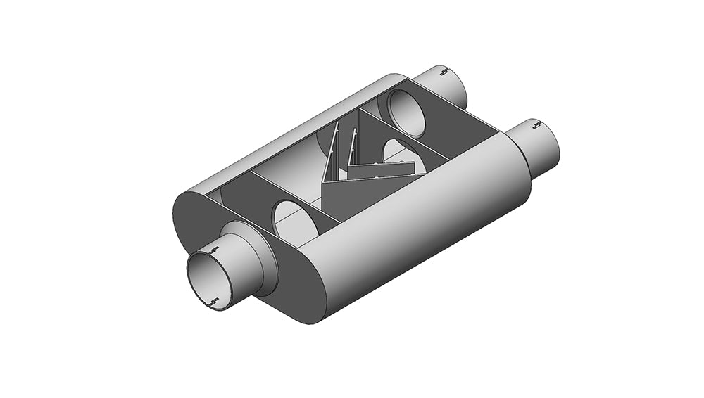 3" Inlet/2.5" Outlets "Chambered Series" Muffler | (Center Inlet, Offset Outlets)