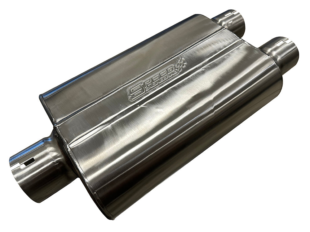 3" Inlet/2.5" Outlets "Chambered Series" Muffler | (Center Inlet, Offset Outlets)