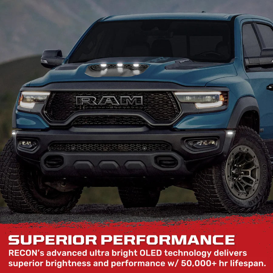 RECON Dodge 21-25 RAM 1500 TRX 7-PC Fender & Hood Light Kit Smoked Lens White or Amber LED Running Lights w/ Startup Light Sequence - Multiple Options