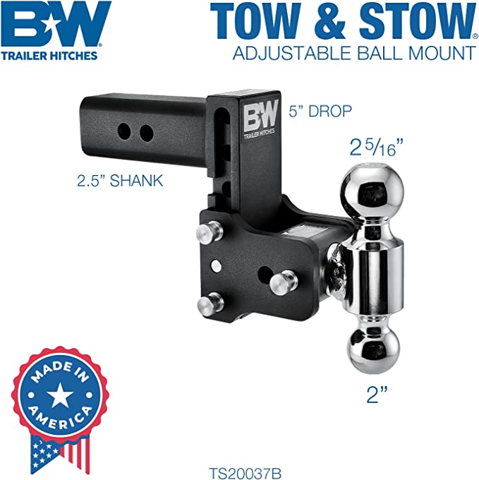B&W Trailer Hitches Tow & Stow Adjustable Trailer Hitch Ball Mount - Fits 2.5" Receiver, Dual Ball (2" x 2-5/16"), 5" Drop, 14,500 GTW - TS20037B