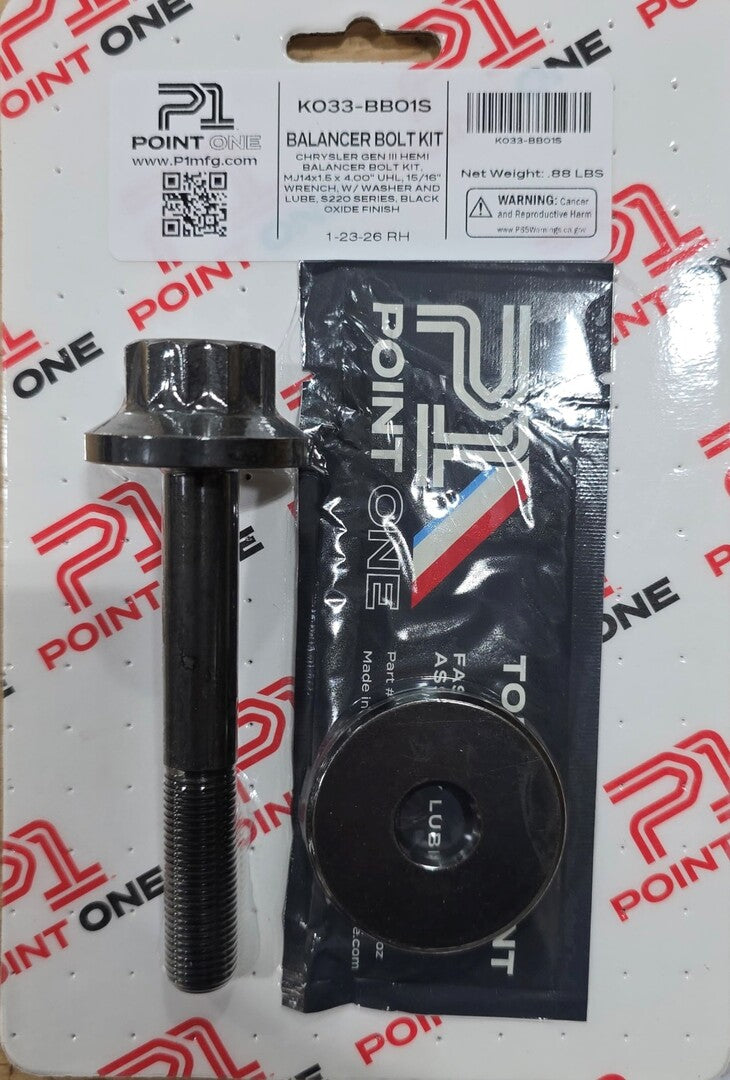 P1 CHRYSLER GEN III HEMI BALANCER BOLT KIT, MJ14x1.5 x 4.00" UHL, 15/16" WRENCH, W/ WASHER AND LUBE, S220 SERIES, BLACK OXI