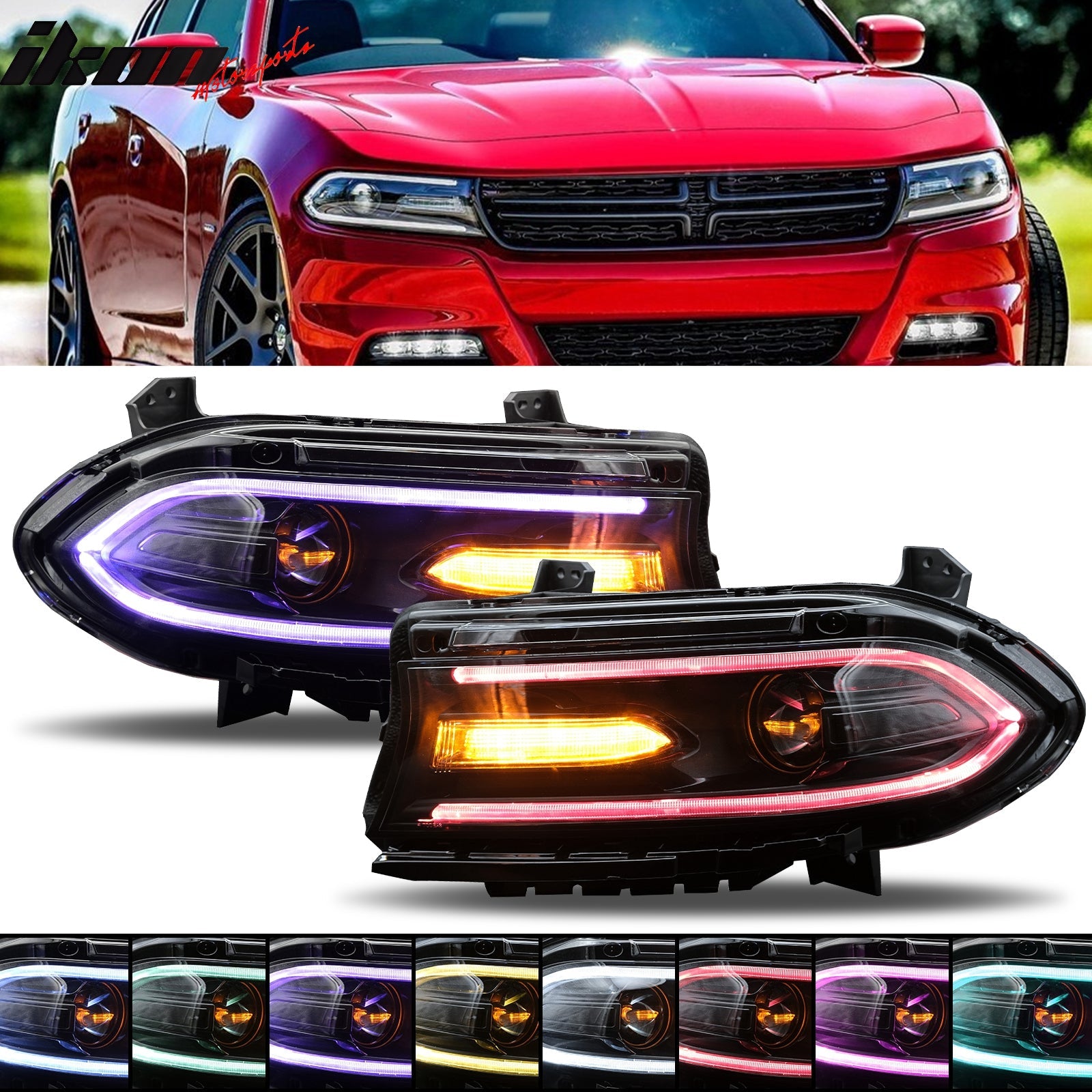 Ikon Motorsports 2015-2023 Dodge Charger DRL LED Headlights Left Right Side w/ 7 Colors