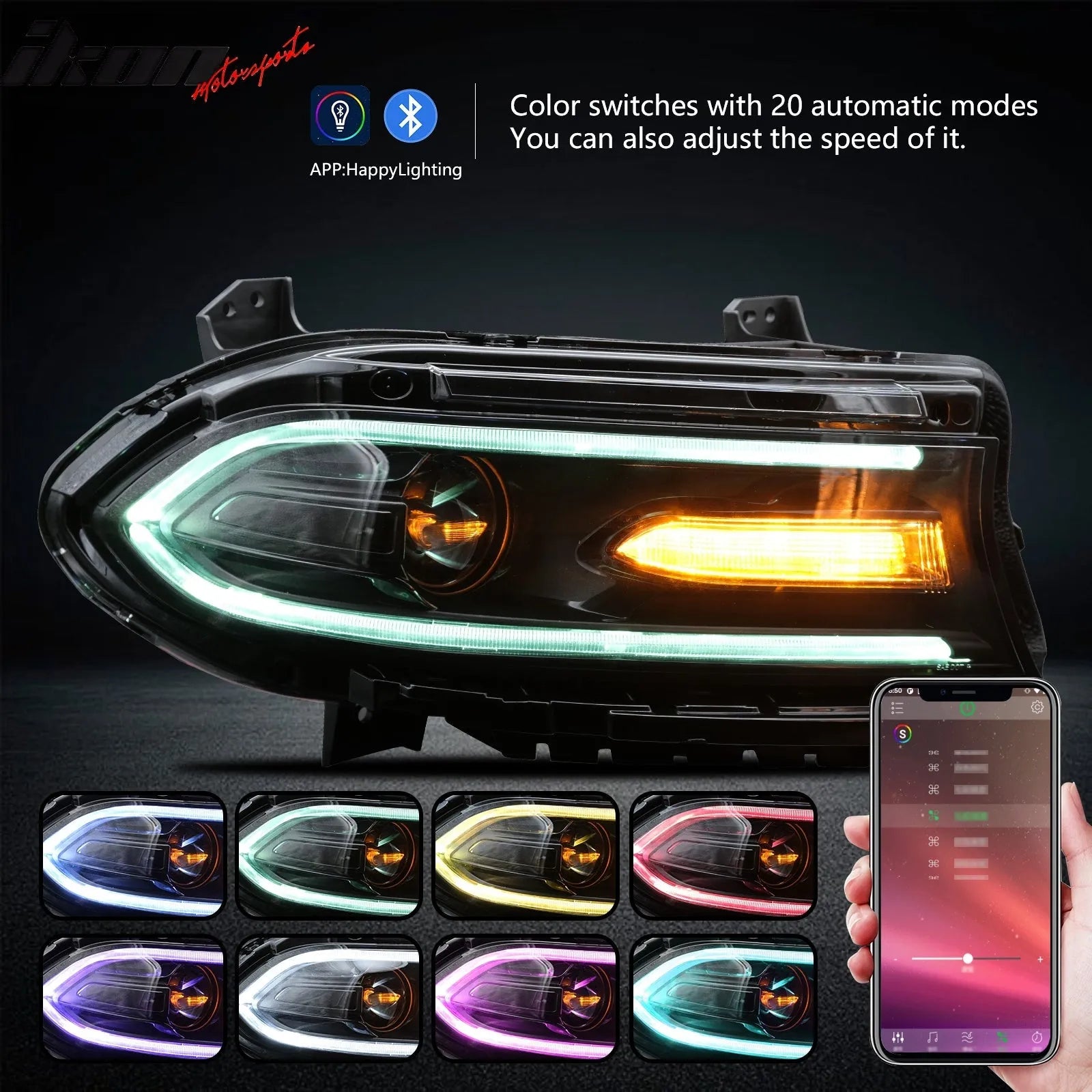 Ikon Motorsports 2015-2023 Dodge Charger DRL LED Headlights Left Right Side w/ 7 Colors