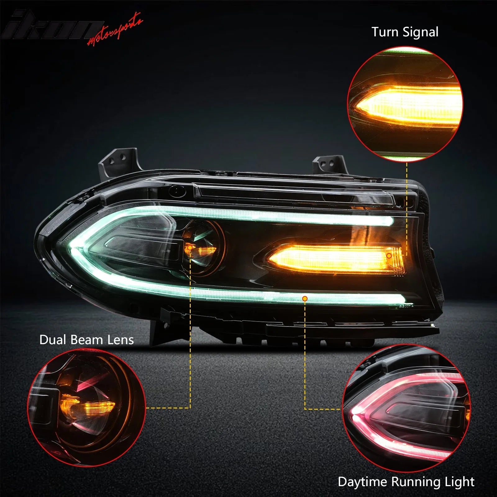 Ikon Motorsports 2015-2023 Dodge Charger DRL LED Headlights Left Right Side w/ 7 Colors