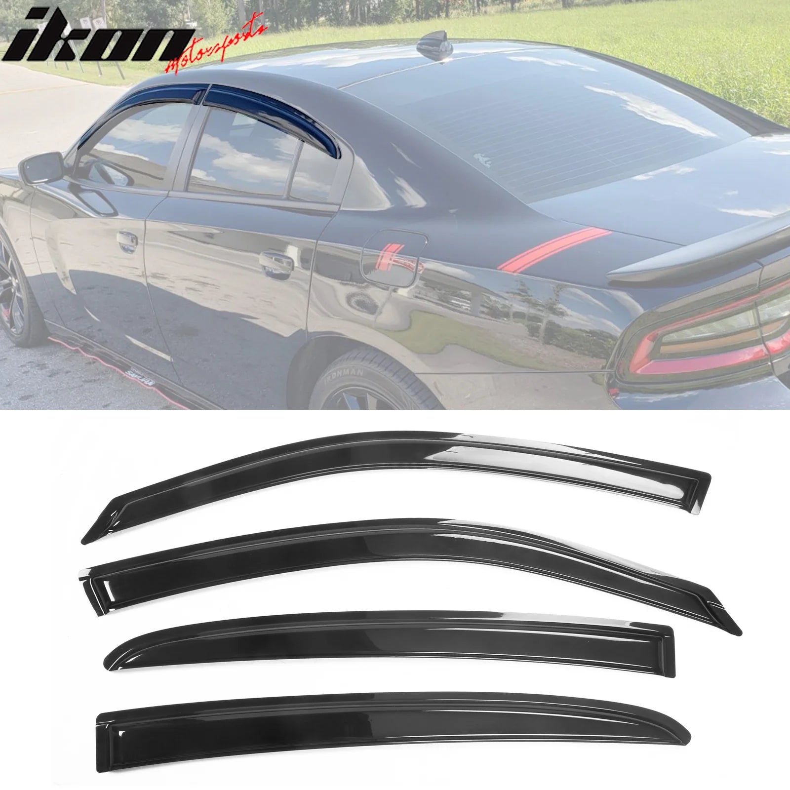 Ikon Motorsports 2011-2023 Dodge Charger Slim Smoke Tape On 4PCS Window Visors Acrylic