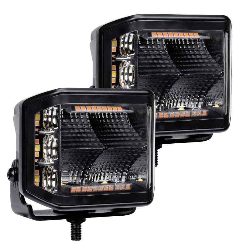 Go Rhino Xplor Blackout Combo Series Cube Sideline LED Flood Lights w/Amber 4x3 - Blk (Pair)