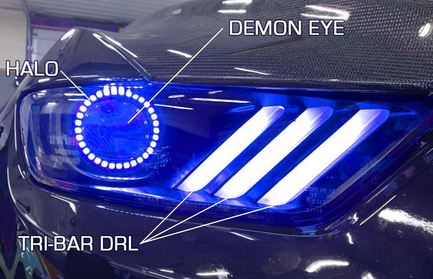 2015-2017 Ford Mustang Pre-Assembled Headlights -Dynamic ColorSHIFT RGB+A -Black Edition