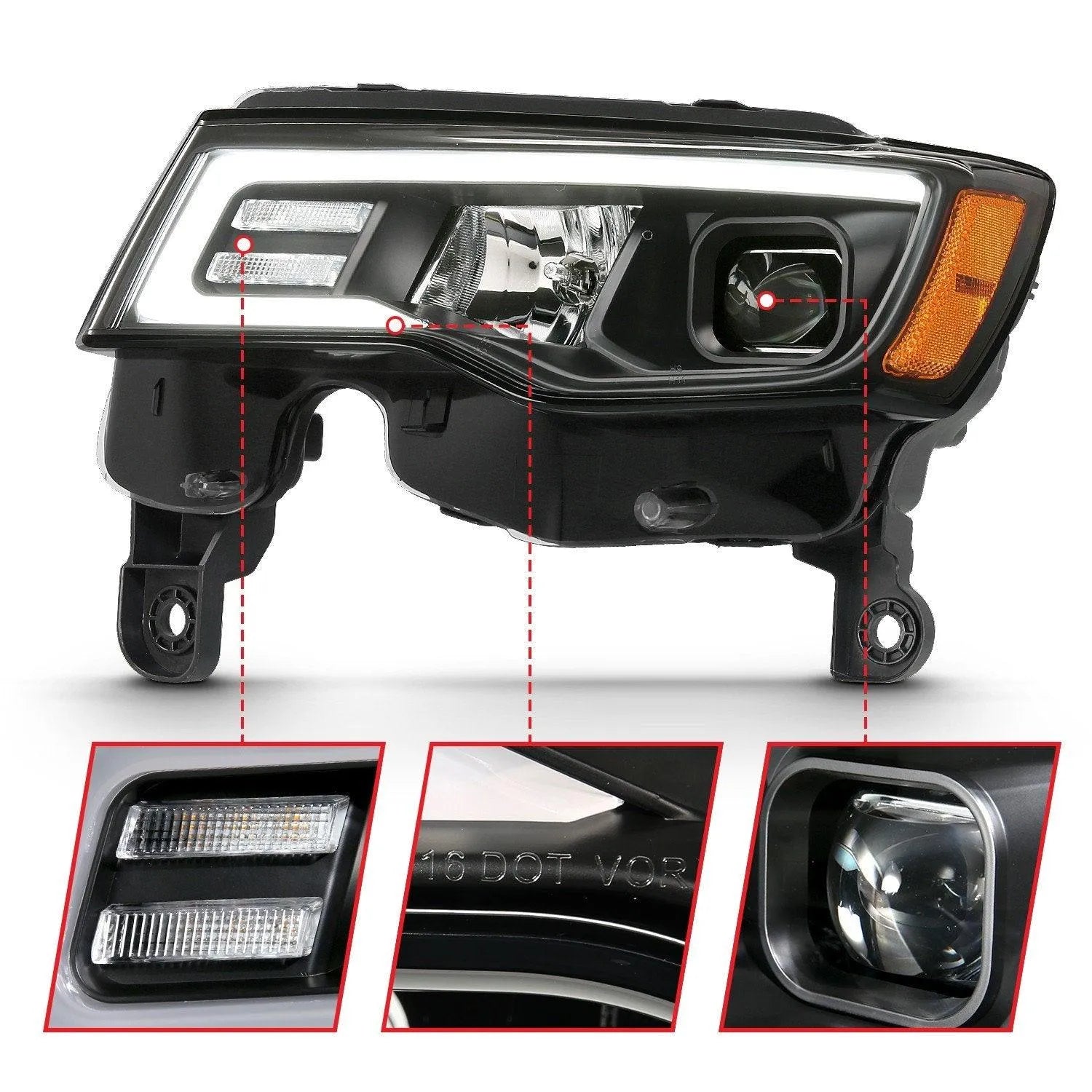 Anzo Projector Headlights Jeep Grand Cherokee 2017-2022 [LED Light Bar w/ Switchback Signal Light] Black or Chrome Housing