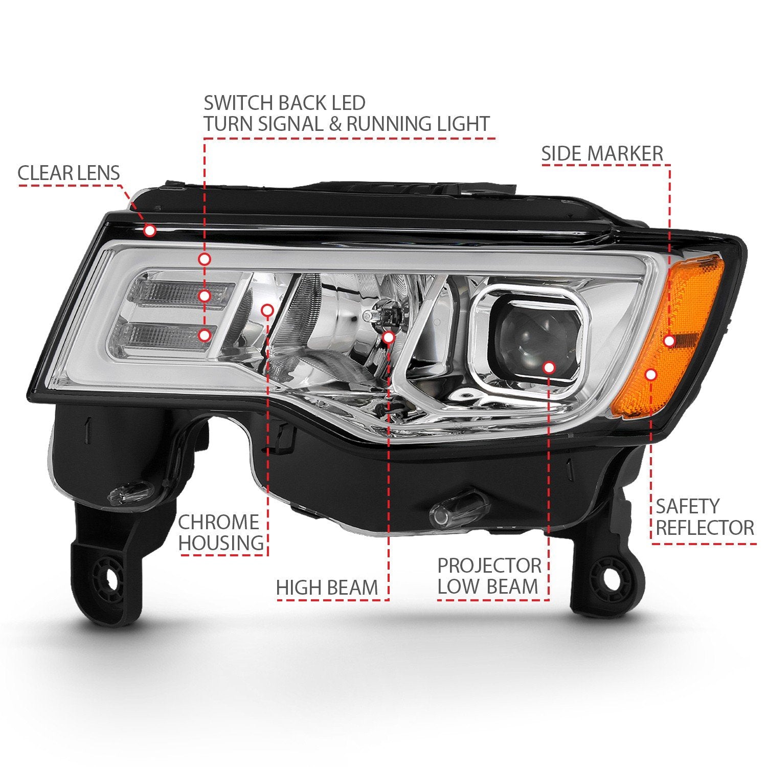 Anzo Projector Headlights Jeep Grand Cherokee 2017-2022 [LED Light Bar w/ Switchback Signal Light] Black or Chrome Housing